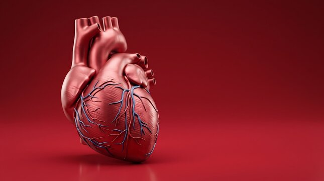 3D render of an anatomical human heart on red background