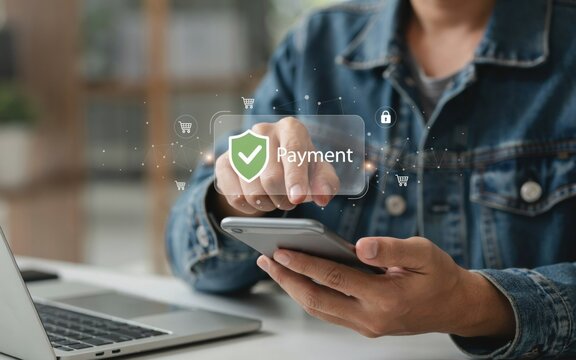 Secure online payment concept with smartphone and shield