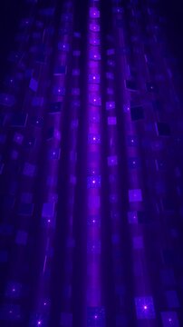 Abstract purple glowing squares pattern, digital data flow and network connection background, motion graphics for tech presentation