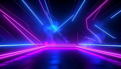 Fototapeta premium Neon light futuristic glowing lines stage background with blue and purple illumination