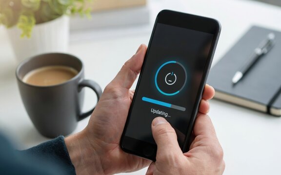Closeup of a person holding a smartphone updating software