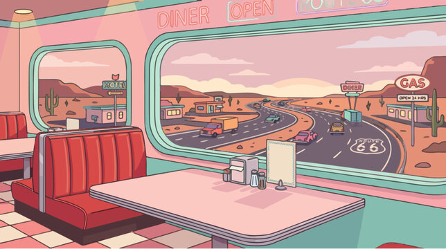 Retro desert highway diner view