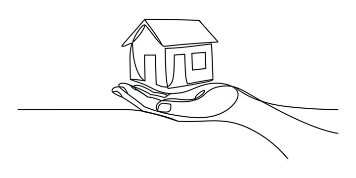 Continuous line drawing of a hand holding a small house