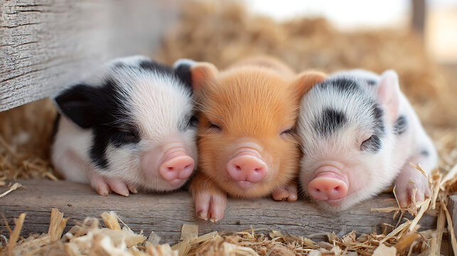 Group of teacup pigs snuggling in a cozy barn corner, featuring natural textures, warm tones, and copy space ideal for farm life and animal care content.