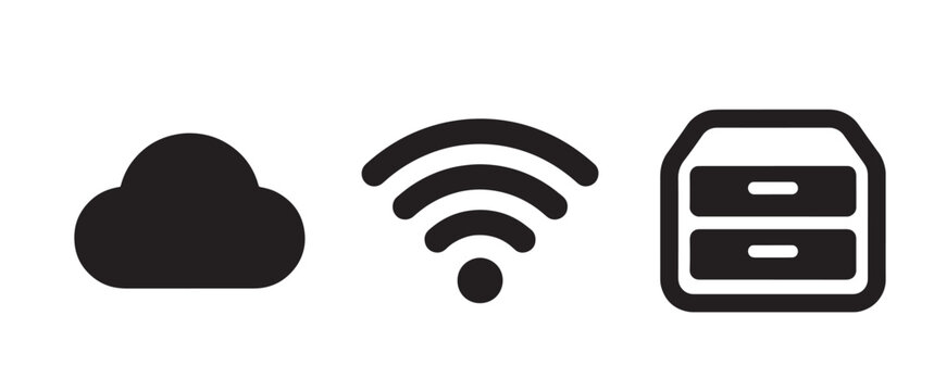 Set of three black displaying a cloud symbol, a wireless internet signal, and a two-drawer filing cabinet on a white background
