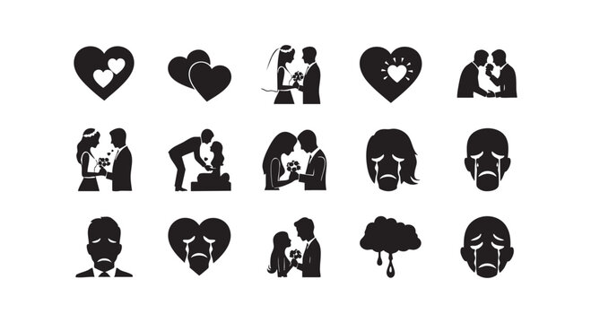 Wedding and heartbreak silhouettes including couples crying hearts and a groom isolated on white.