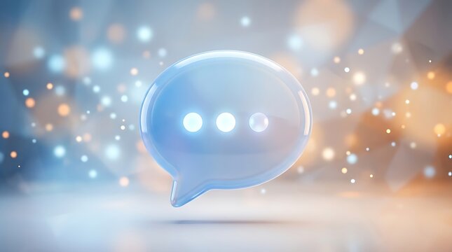 Glossy blue glass chat bubble icon on abstract bokeh background
