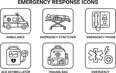 Fototapeta premium Emergency response and first aid medical equipment icon set with emergency ambulance stretcher defibrillator response paramedic equipment graphics defibrillation transport clinical hospital