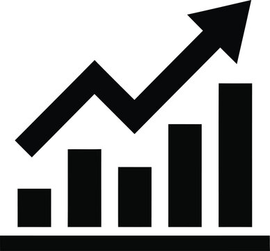 A black and white icon representing a growing bar chart with an upward pointing arrow symbolizing financial success and business growth performance