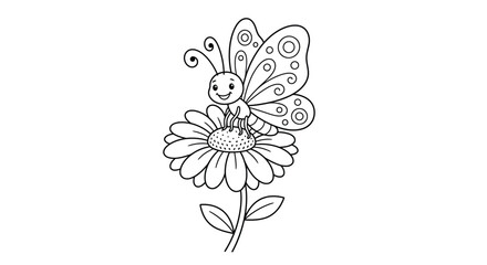 Obraz premium Butterfly And Daisy Flower Black And White Vector Illustration