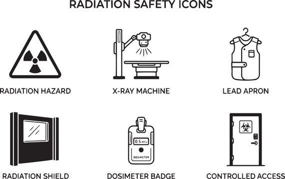 Radiation safety icons collection featuring x-ray equipment hazard warning and protective medical gear radiation protection dosimeter hospital equipment healthcare technology radioactive