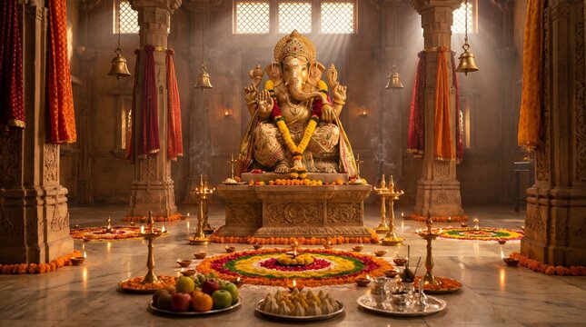Ganesh Chaturthi festival background with Lord Ganesha idol and traditional decoration