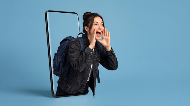 Excited Female Tourist Stepping Out of Smartphone Screen