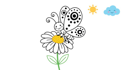 Butterfly On Flower Black And White Vector Illustration With Botanical Elements © Sonjita