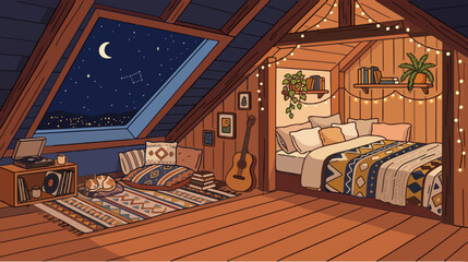Cozy attic bedroom evening ambiance © FORFAMILY