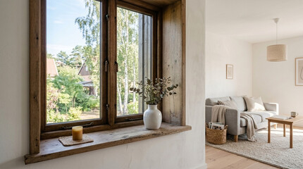Fototapeta premium Cozy rustic window with vase and drink, overlooking green garden and bright living room