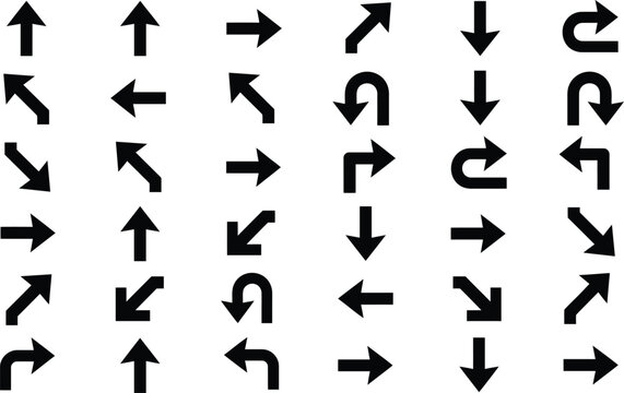 A comprehensive collection of various black arrow icons pointing in different directions isolated on a plain white background for graphic design projects