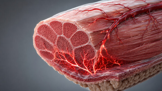 Cross section of muscle tissue with visible red vascular network and fibrous layers on grey background, showing detailed anatomy for biology and science
