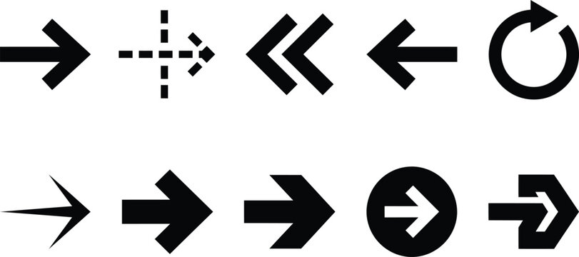 A collection of various black arrow icons and directional symbols isolated on a white background for user interface design and web navigation