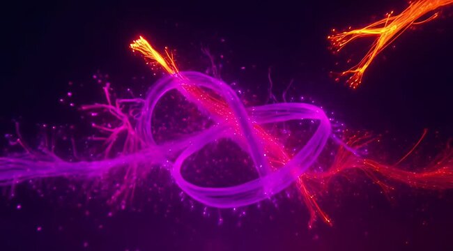 Abstract swirling neon light particles forming organic neural network connections, flowing fiber optic energy strands, futuristic tech background