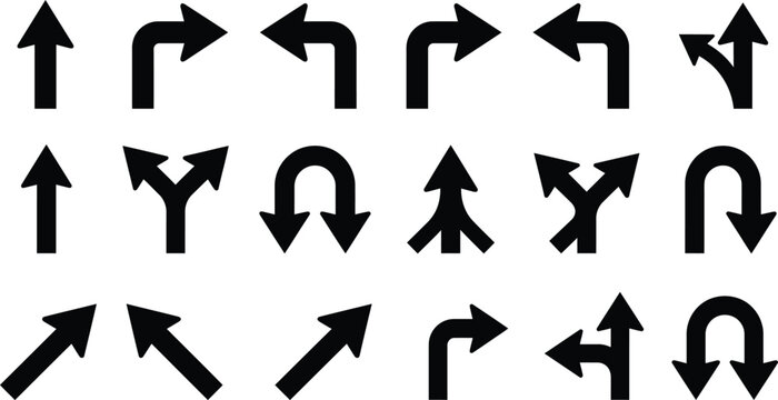 A collection of various black arrow icons representing different directions and navigation paths isolated on a white background for graphic design projects