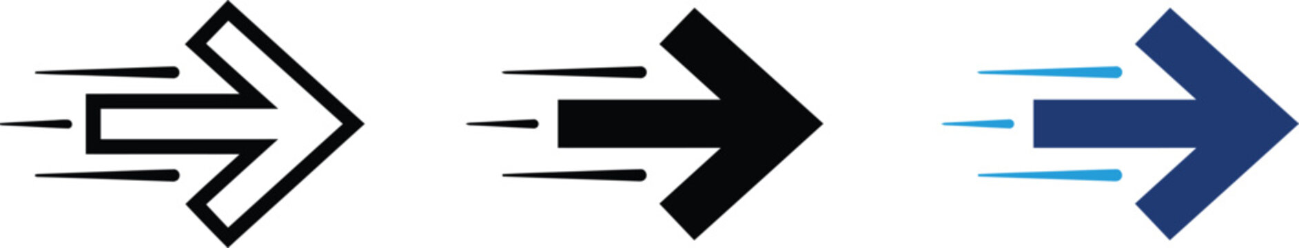 A set of three motion arrows pointing to the right featuring outline solid black and blue designs isolated on a white background