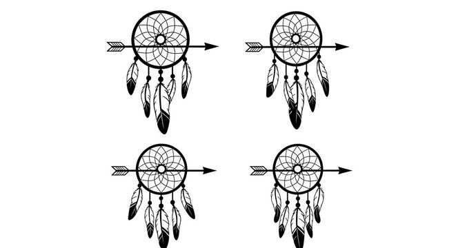 Four black and white dreamcatcher illustrations with arrows perfect for bohemian designs and spiritual artwork