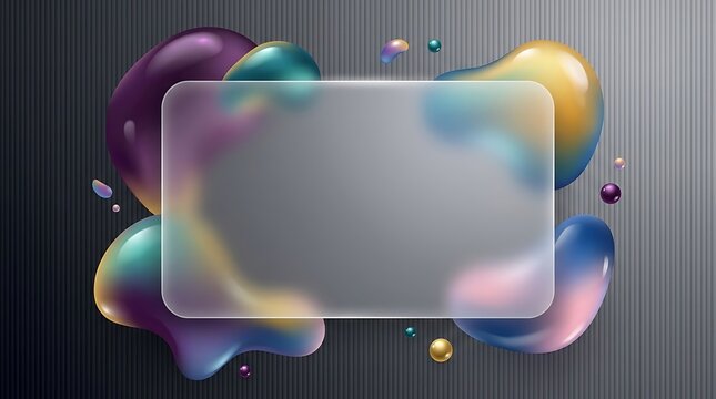 Modern Glass morphism frosted frame template with colorful abstract 3D liquid shapes on dark background