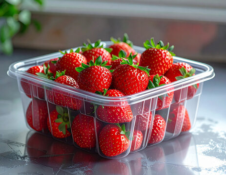 Transparent Plastic Box Filled with Fresh Strawberries