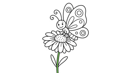 Butterfly On Daisy Flower Black And White Line Illustration © Sonjita