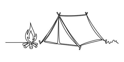 Continuous line drawing of a camping tent and a campfire © Das