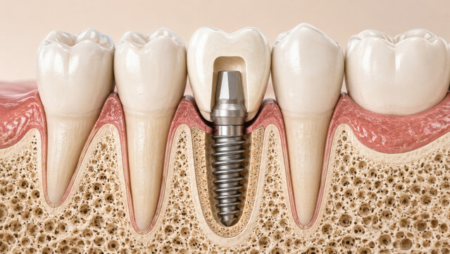 Cross section diagram of dental implant in jaw bone showing titanium post, crown, gum tissue, and surrounding tooth anatomy
