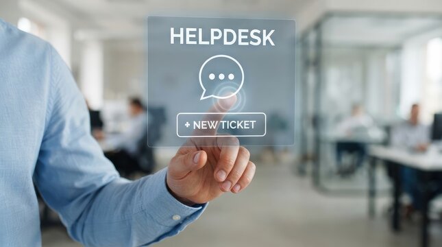 Professional creating digital helpdesk support ticket via interactive touchscreen display with interacting transparent digital helpdesk interface