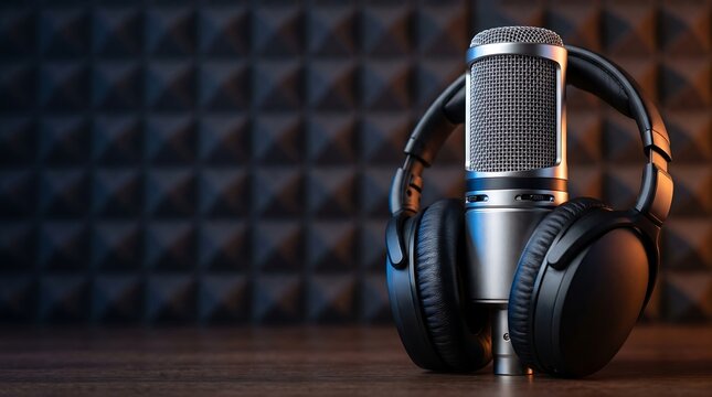 Professional Microphone and Headphones in Recording Studio