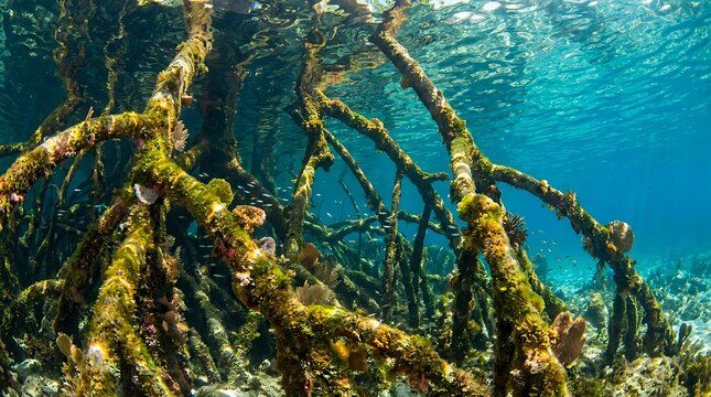 Underwater view of mangrove tree roots in tropical ocean with mangrove, tropical