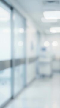 Blurred hospital hallway with glass sliding doors, clinical interior for medical background, healthcare facility, patient care, sterile environment