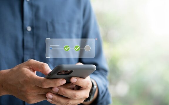 Person using smartphone with digital progress bar overlay