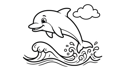 Obraz premium Dolphin illustration with waves and clouds black and white line art