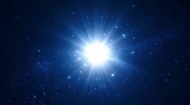 Bright glowing star shining in deep space, shimmering light rays, night sky nebula, cosmic background for astral science and cinematic transitions