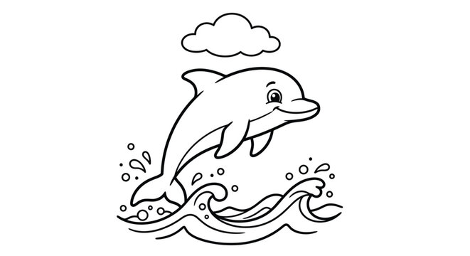 Dolphin Illustration With Bubbles And Waves Black And White Line Art
