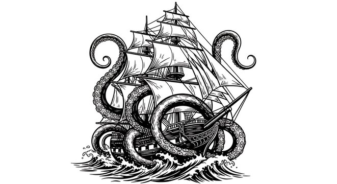 Vintage engraving of a majestic sailing ship battling a giant kraken in stormy seas