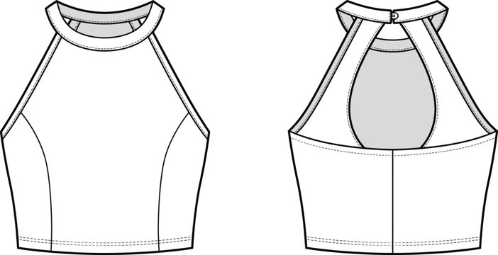 Technical fashion flat sketch of a stylish high neck crop top with open back cutout design