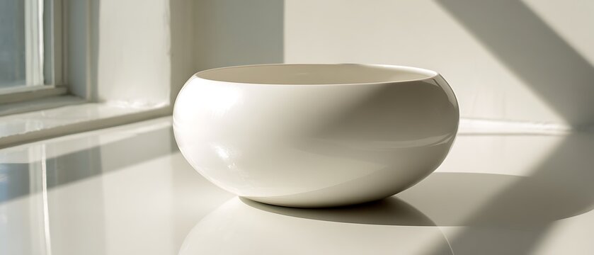 Minimalist white ceramic bowl on light surface with natural light