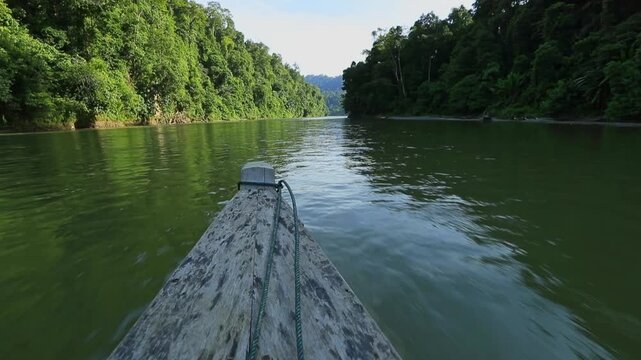 A small boat speeds along the winding Leuser River in Sumatra, cutting through the calm waters surrounded by dense tropical rainforest. The journey reveals the remote beauty of Indonesia&rsquo;s wild landsc