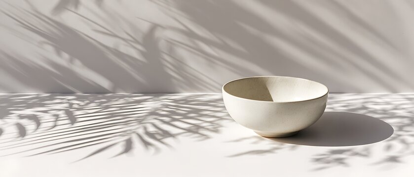Minimalist white ceramic bowl on textured fabric surface with soft shadow