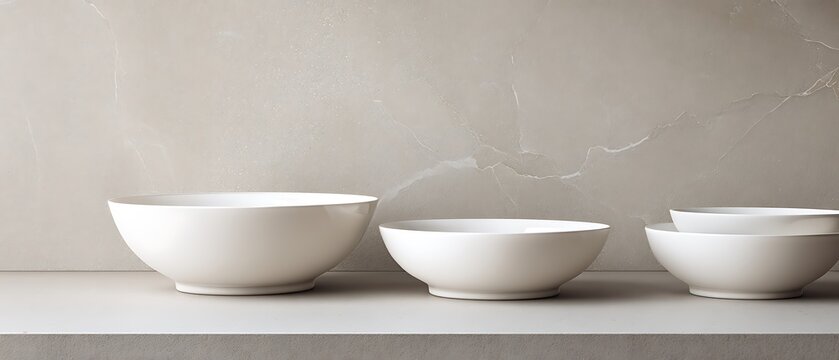 Three white bowls with steam rising from the middle one