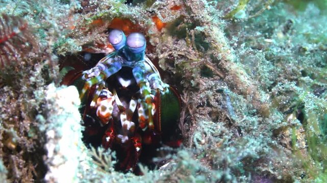 4K macro footage of a peacock mantis shrimp emerging from its burrow in Lembeh Strait, Indonesia.