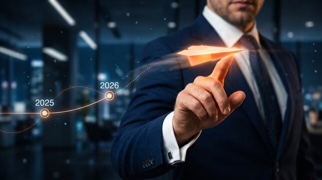 Future of Innovation: A businessman in a sharp suit gestures towards a projected trajectory of innovation, with milestones marked for 2025 and 2026.