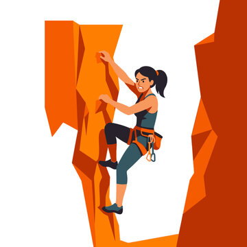 Determined woman rock climbing on a steep orange cliff face outdoor
