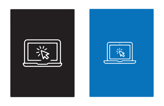 Laptop with mouse pointer icon, computer screen and clicking cursor, symbol for online interaction.